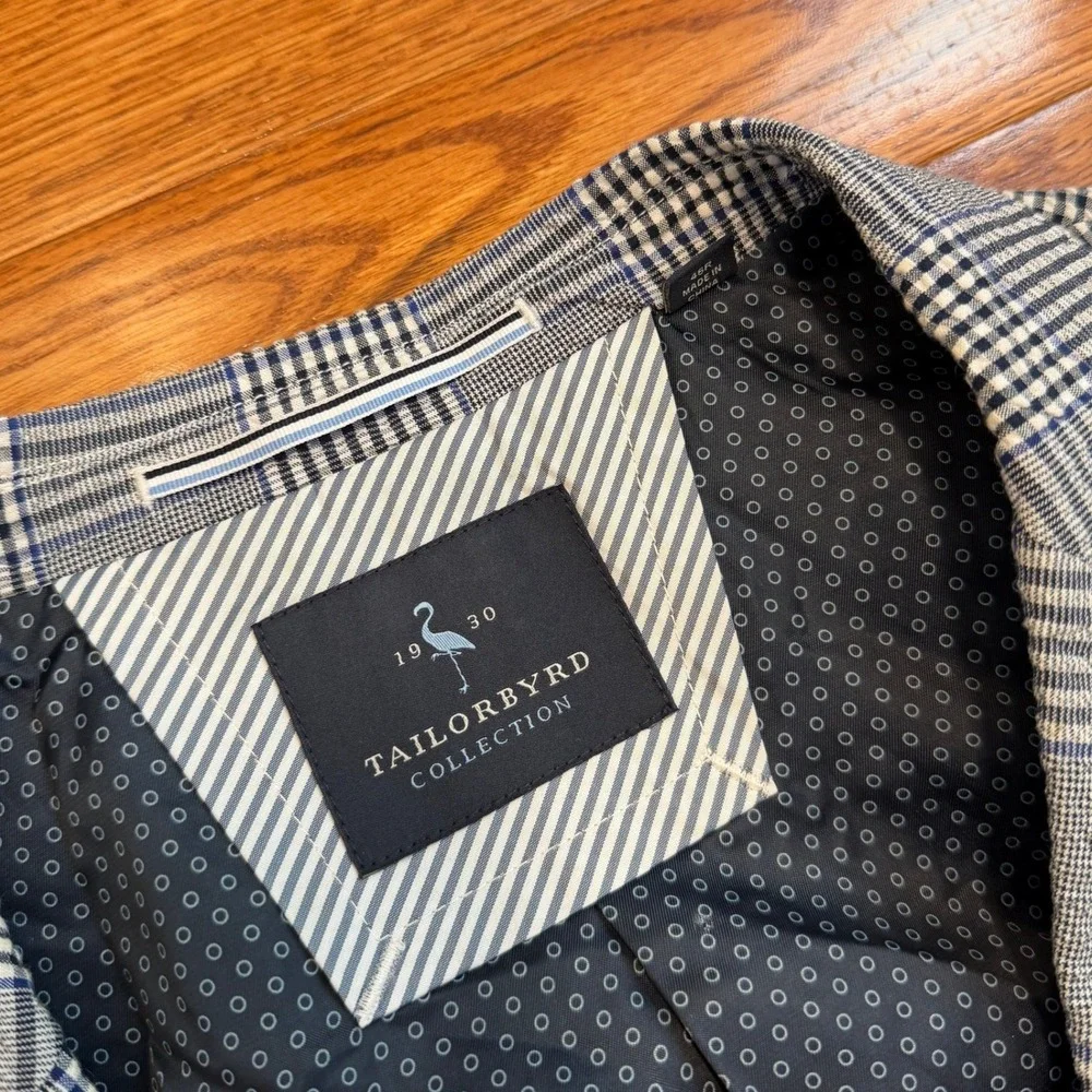Tailorbyrd Blazer Mens 46R Gray Blue Glen Plaid Stretch Unstructured Textured